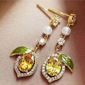 NWT Yellow Lemon Rhinestone Drop Dangle Earrings Faux Pearl Wedding Bridal Prom